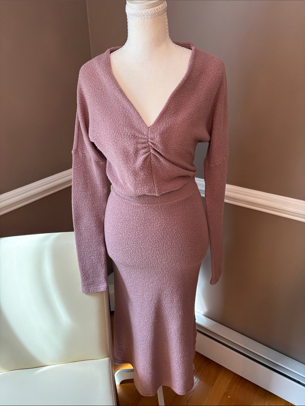 Long-Sleeve Mauve Knit V-Neck Dress